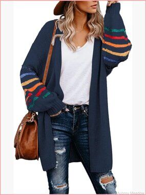 Striped Color Block Long Open Front Cardigan Loose Knit Sweater